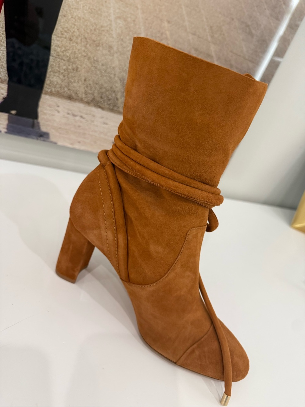 Alexandre Birman Cognac Suede Wrap Mid-Calf Boot